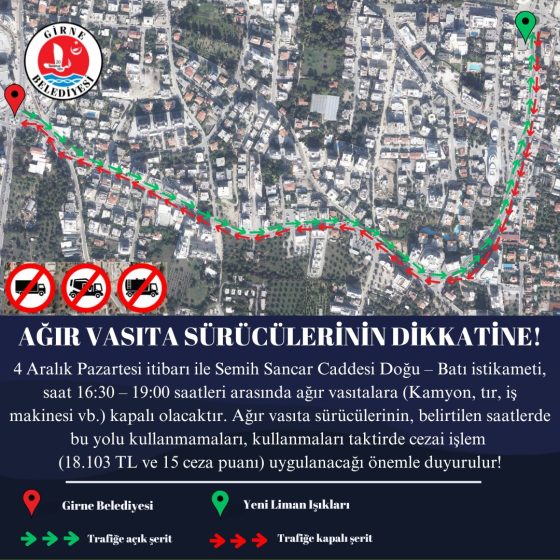 Ağır vasıta trafik kısıtlaması Pazartesi başlıyor