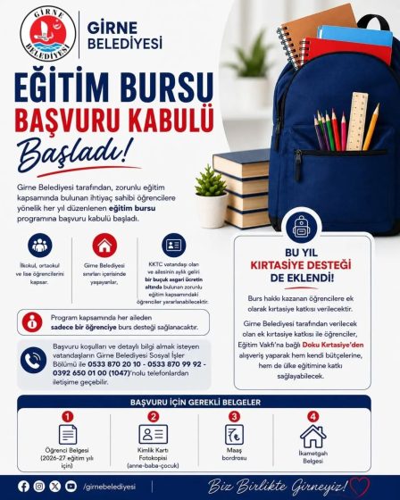 Girne Belediyesi İlk ve Orta Eğitim Bursu Başvuru Kabulu Devam Ediyor!
